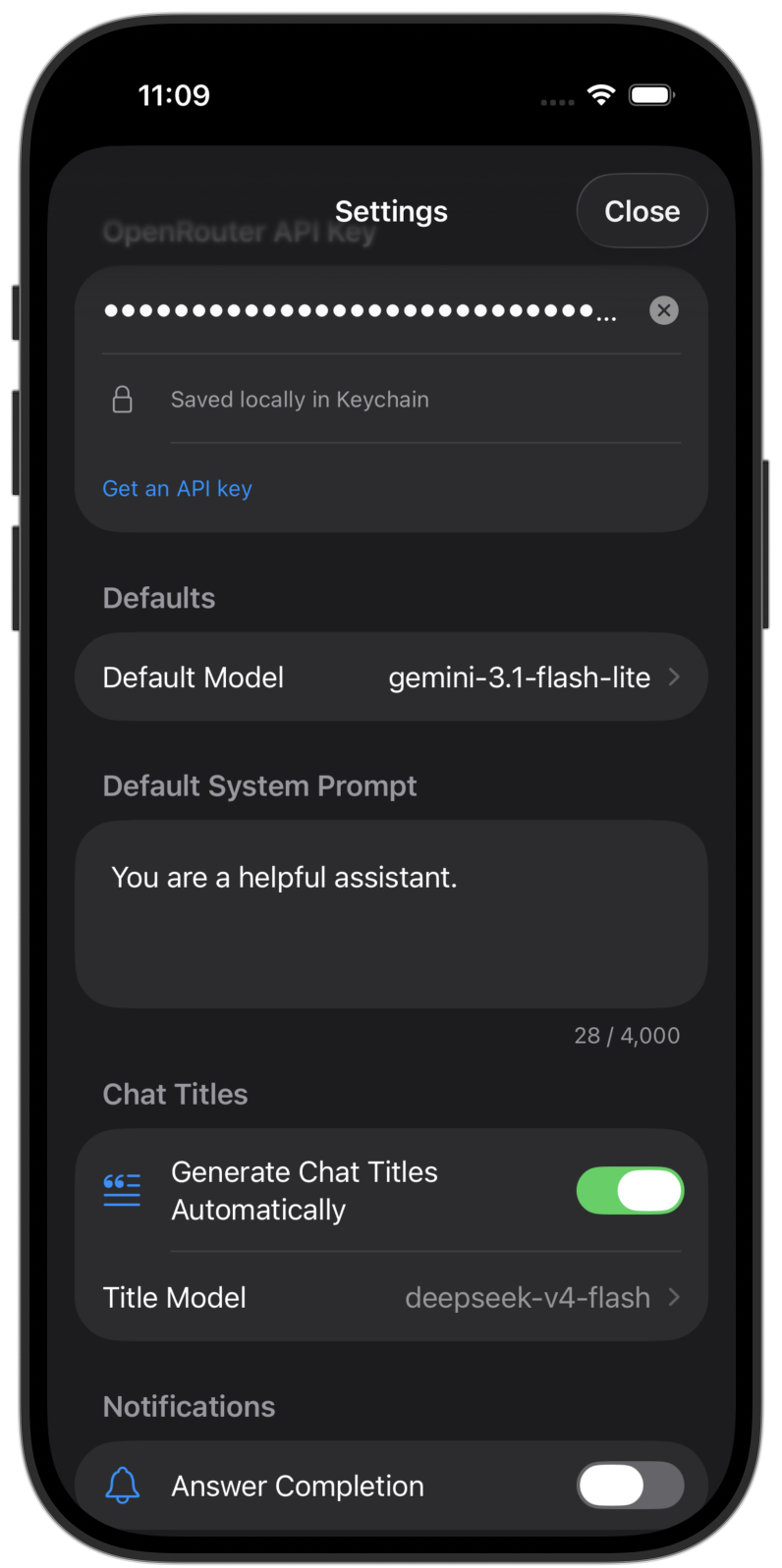 Settings — API key in Keychain