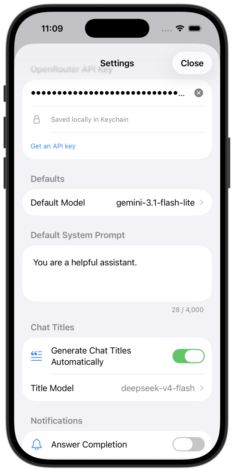 Settings — API key in Keychain
