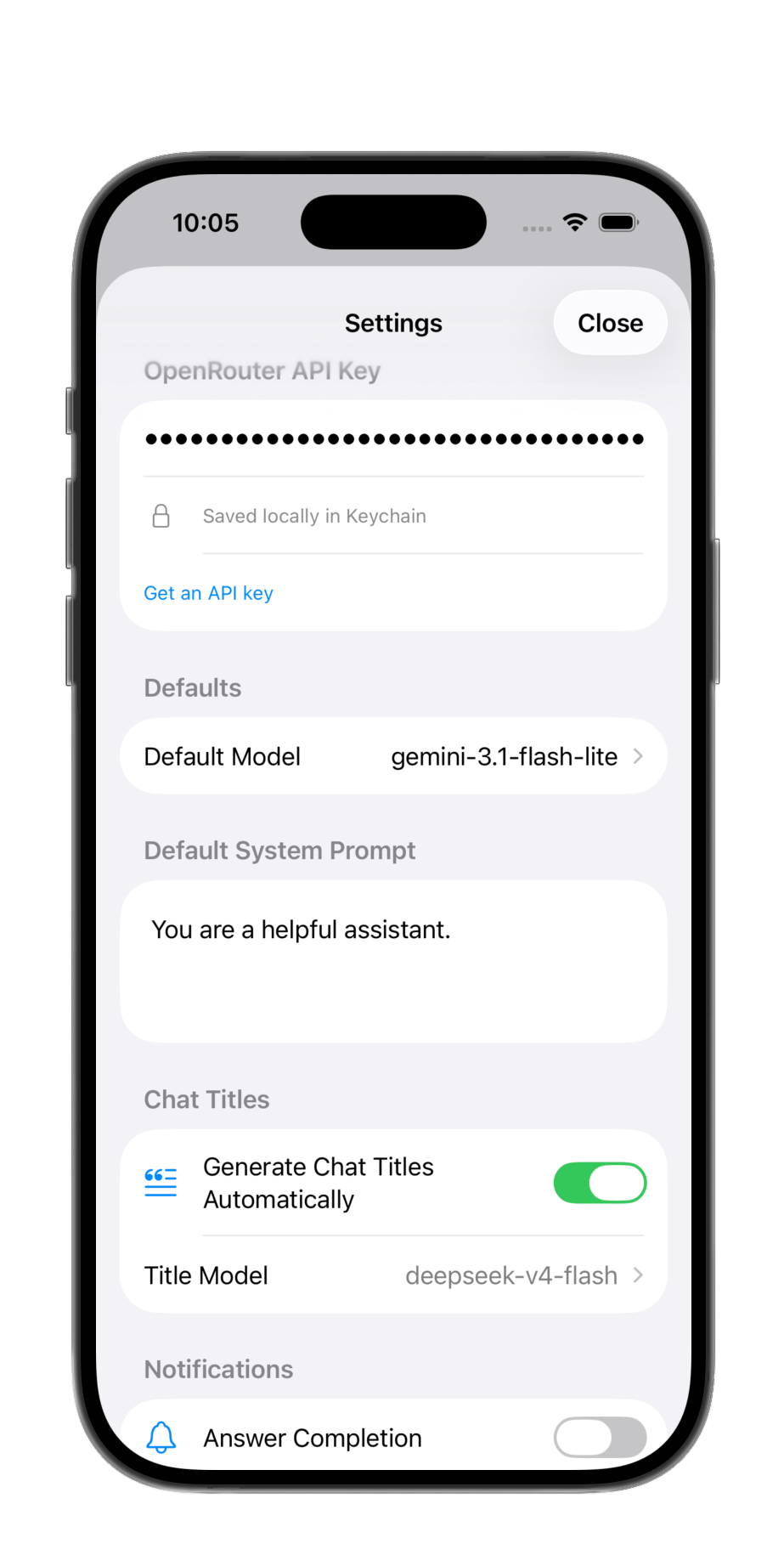 Settings — API key in Keychain